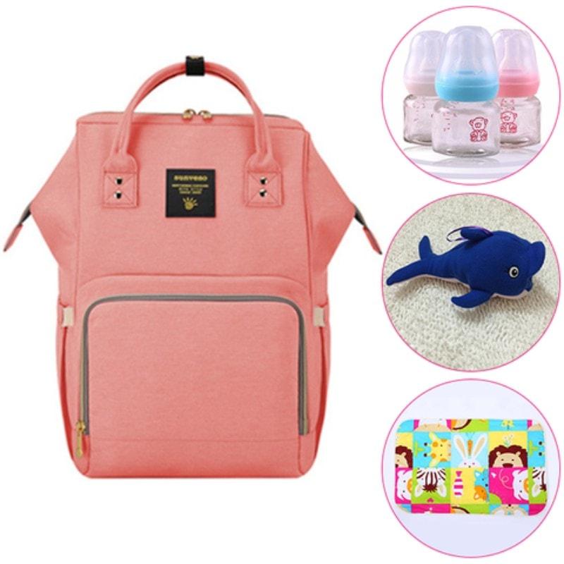 4 in 1 - Nappy Backpack, Baby Bottles, stuffed Toy, Changing Mat Sheet