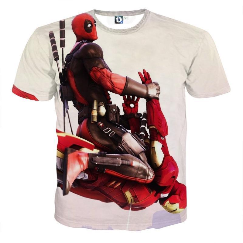 White Funny 3D Printed Deadpool & Iron Man T-Shirt