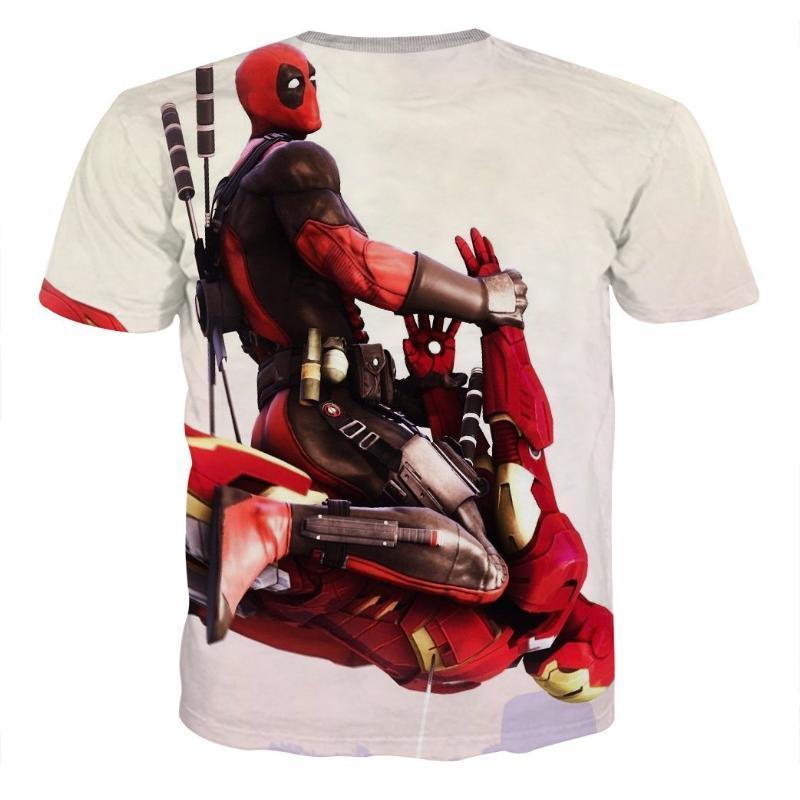 White Funny 3D Printed Deadpool & Iron Man T-Shirt